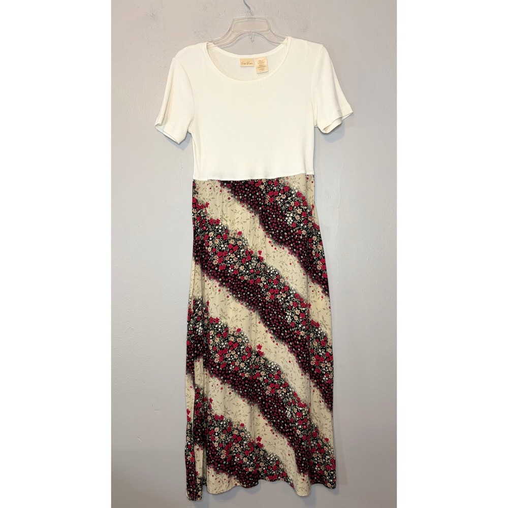 vintage 90s grunge cottagecore Ribbed Floral Maxi Dress Small Slit Cream Red